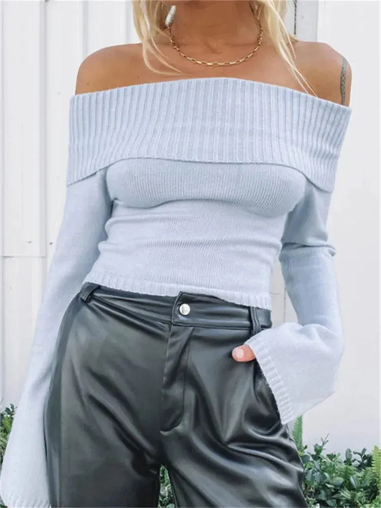 Women Slash Neck Knitted Sweaters Tops Streetwear Long Sleeve Off Shoulder Ribbed Pullovers Slim Fit Causal Jumpers