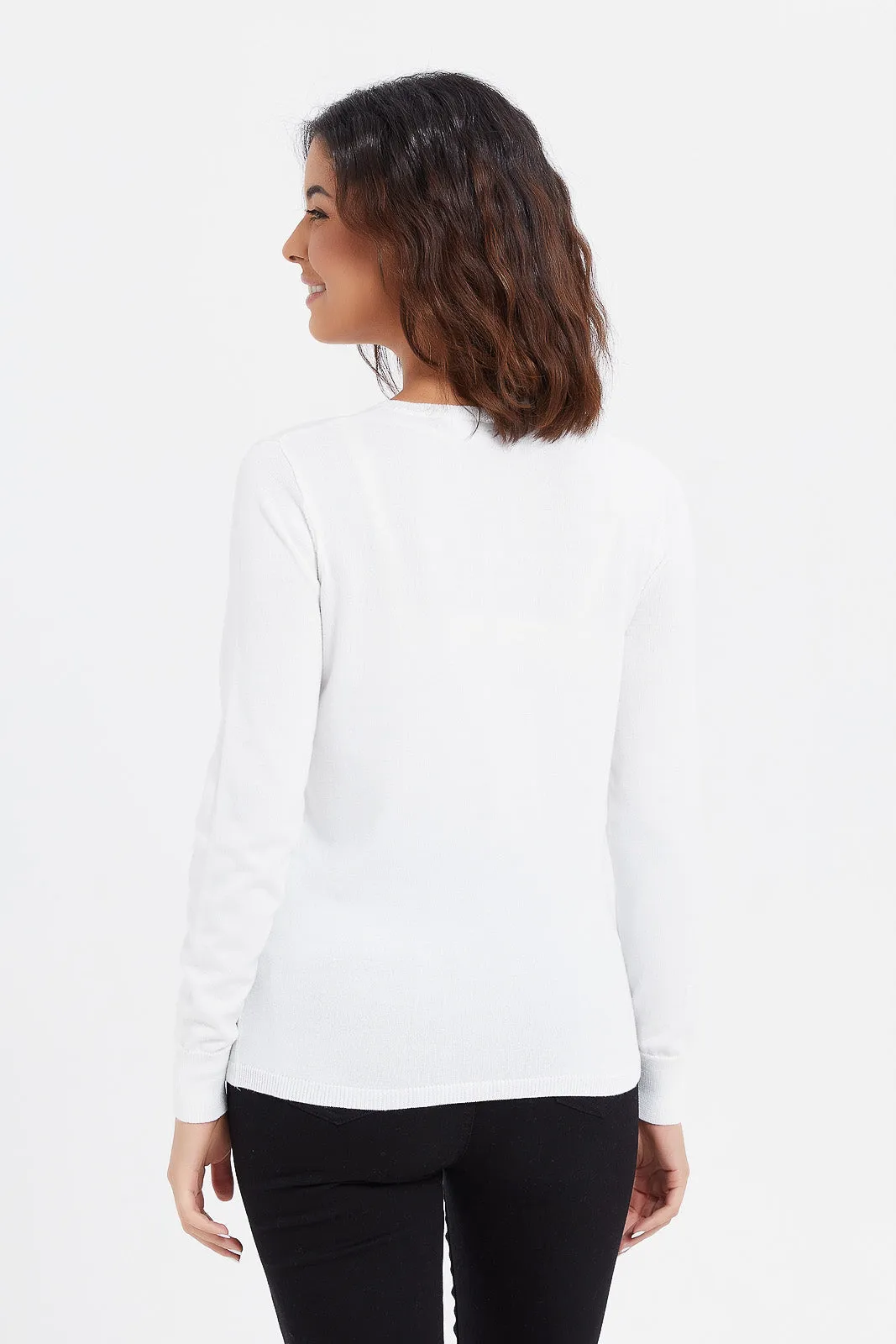 Women White Crew Neck Cardigan