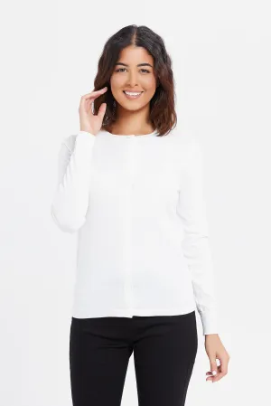 Women White Crew Neck Cardigan